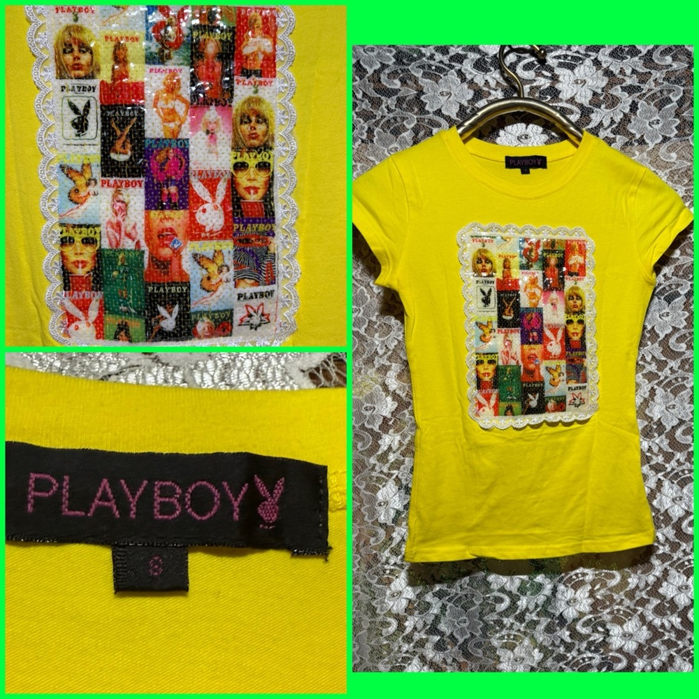Vintage PLAYBOY y2k Yellow magazine cover Collage Patch Graphic Tee small